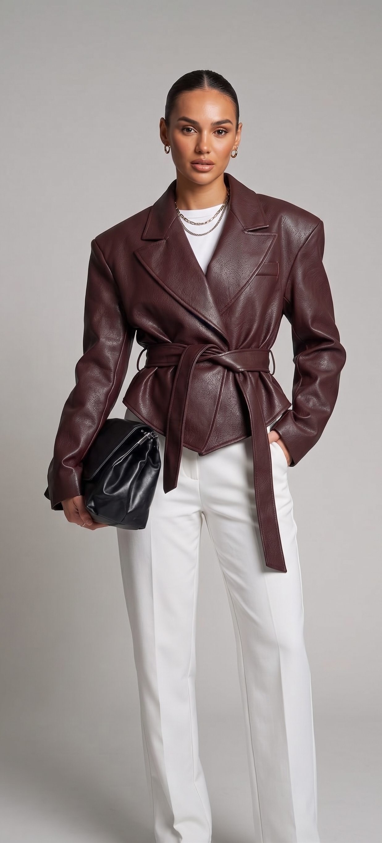 Rotbraune Lederjacke mit Gürtel