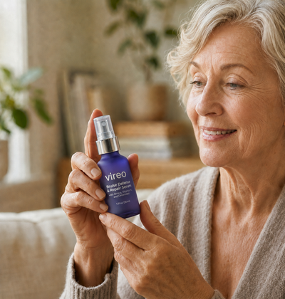Light-skinned mature woman with Vireo Bruise Defense & Repair Serum